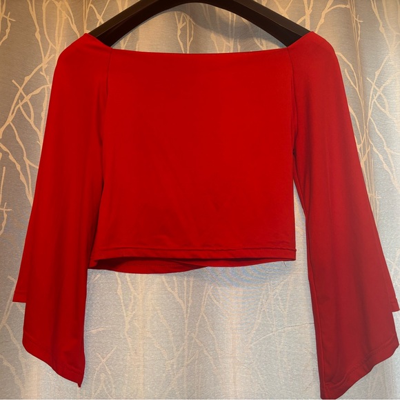 Red Asymmetrical Ruched Crop Blouse - Picture 4 of 5